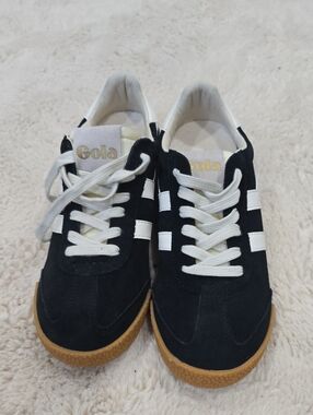 Gola Black Suede Trainers with White Stripes and Gum Sole